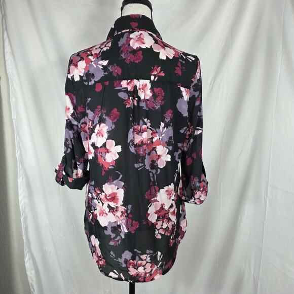 A. Byer Floral Button Front Womens Blouse Medium Black Pink Purple Preppy - Picture 6 of 10